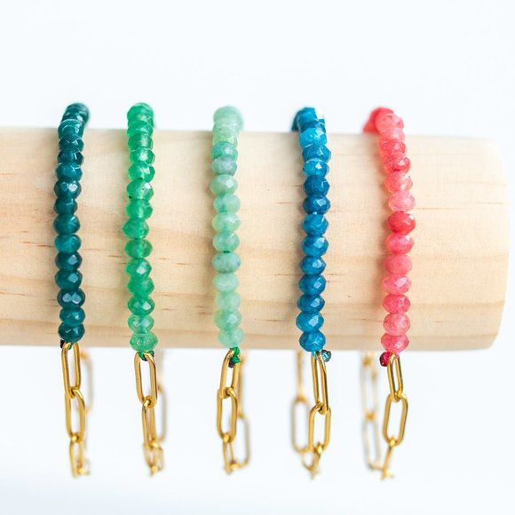 Half Blue Apatite Beaded Gemstone Bracelet Half Gold Paperclip Chain WATERPROOF - Picture 4 of 8